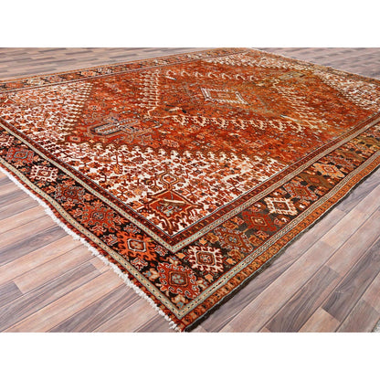 Heriz Worn Wool Hand Knotted Rug Orange Black 10.2X13.0 -O085656