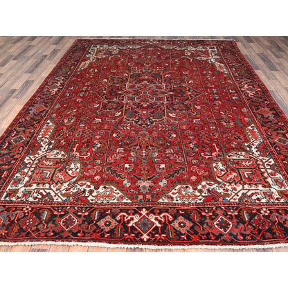 Heriz Worn Wool Hand Knotted Rug Red Black 7.7X11.0 -O085659