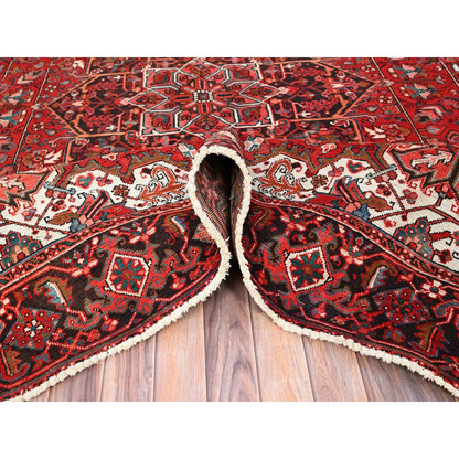 Heriz Worn Wool Hand Knotted Rug Red Black 7.7X11.0 -O085659