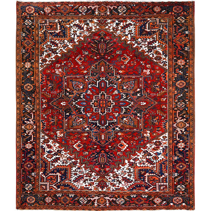 Heriz Worn Wool Hand Knotted Rug Red Black 7.5X8.10 -O085681