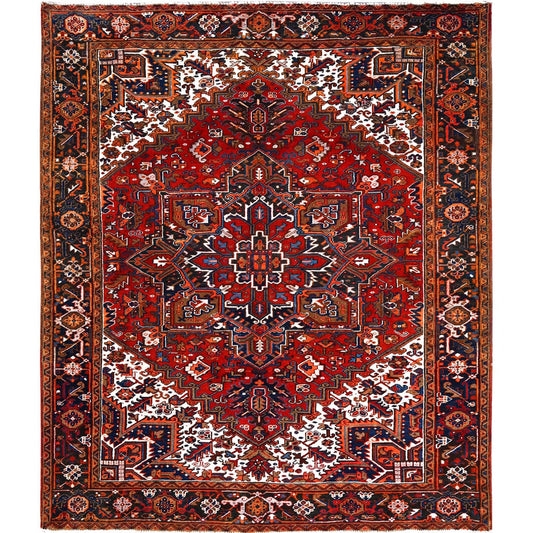 Heriz Worn Wool Hand Knotted Rug Red Black 7.5X8.10 -O085681
