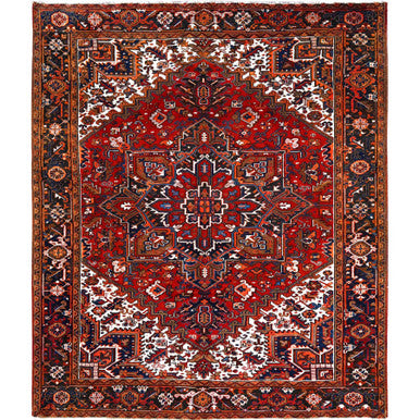 Heriz Worn Wool Hand Knotted Rug Red Black 7.5X8.10 -O085681