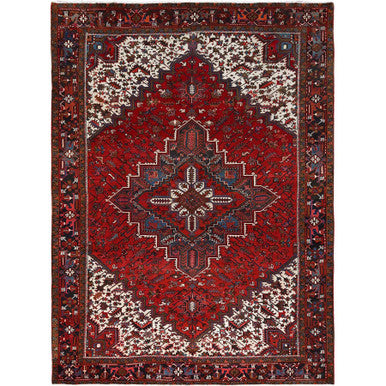 Heriz Worn Wool Hand Knotted Rug Red Black 9.9X13.3 -O085682