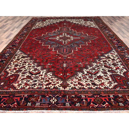 Heriz Worn Wool Hand Knotted Rug Red Black 9.9X13.3 -O085682