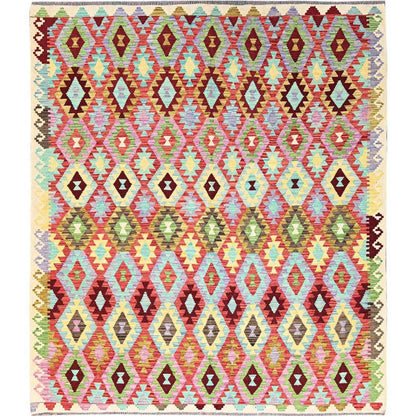Flat Weave Wool Hand Woven Rug Multicolored Ivory 8.4X9.3 -O085694