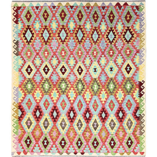 Flat Weave Wool Hand Woven Rug Multicolored Ivory 8.4X9.3 -O085694