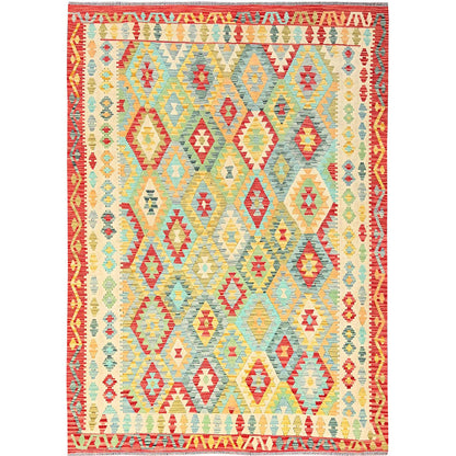 Flat Weave Wool Hand Woven Rug Green Red 6.8X9.10 -O085704
