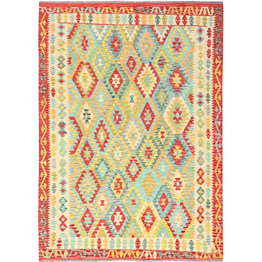 Flat Weave Wool Hand Woven Rug Green Red 6.8X9.10 -O085704