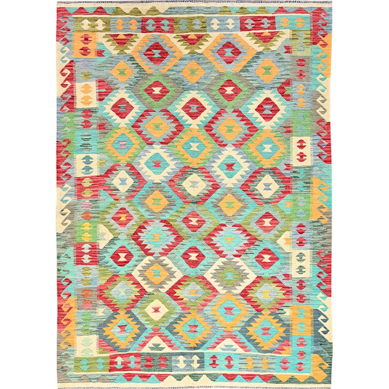 Blue 6'7" x 9'9" Flat Weave Hand woven Wool Rug -O085705