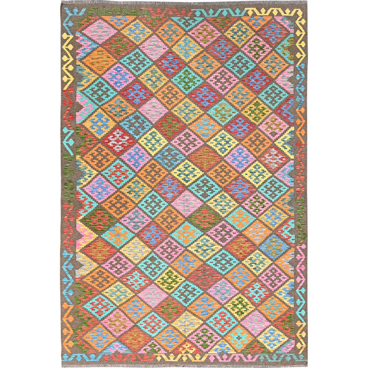 Pink 6'8" x 9'9" Flat Weave Hand woven Wool Rug -O085719