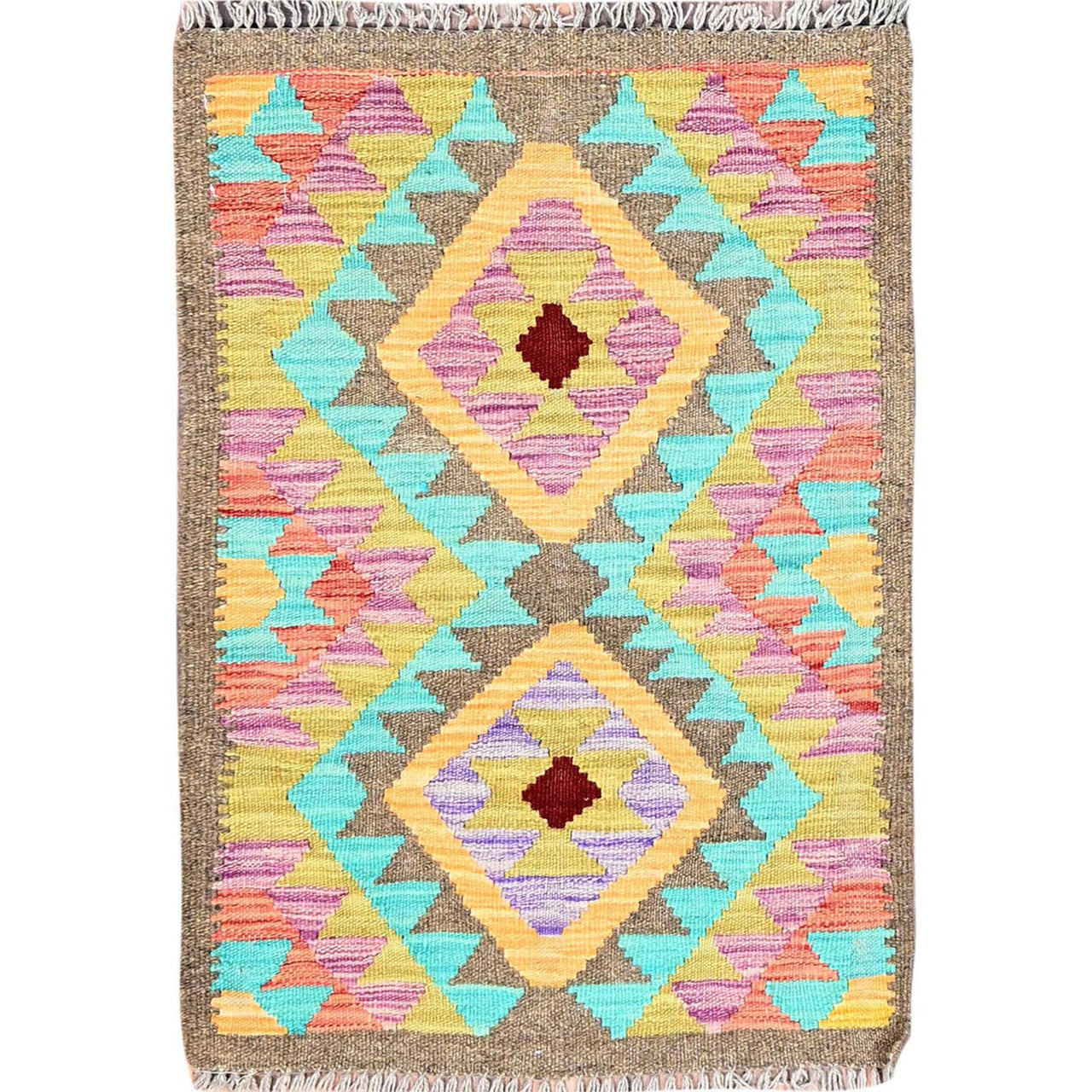 Flat Weave Wool Hand Woven Rug Brown No Border 2.0X3.0 -O085733