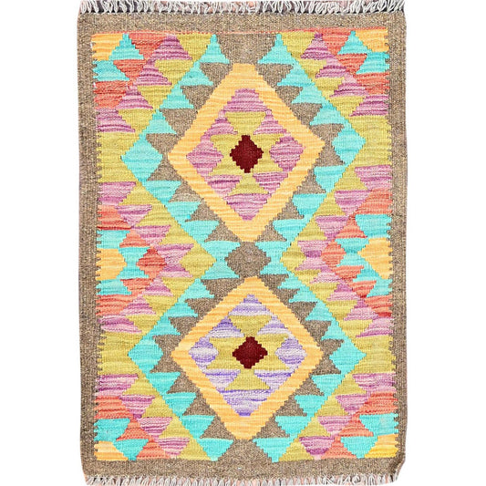 Flat Weave Wool Hand Woven Rug Brown No Border 2.0X3.0 -O085733
