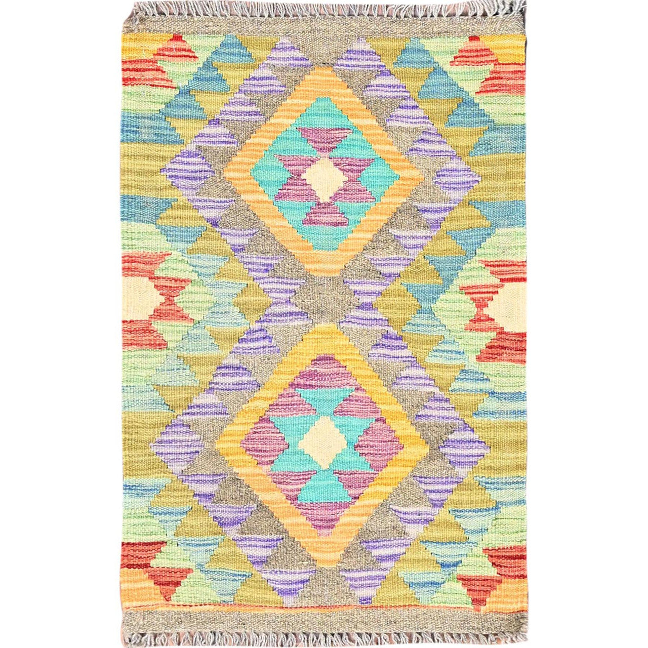 Flat Weave Wool Hand Woven Rug Green No Border 1.10X3.0 -O085745