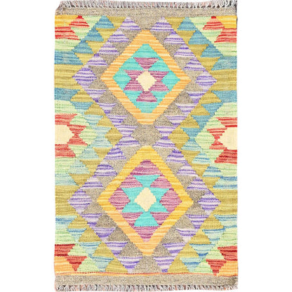 Flat Weave Wool Hand Woven Rug Green No Border 1.10X3.0 -O085745
