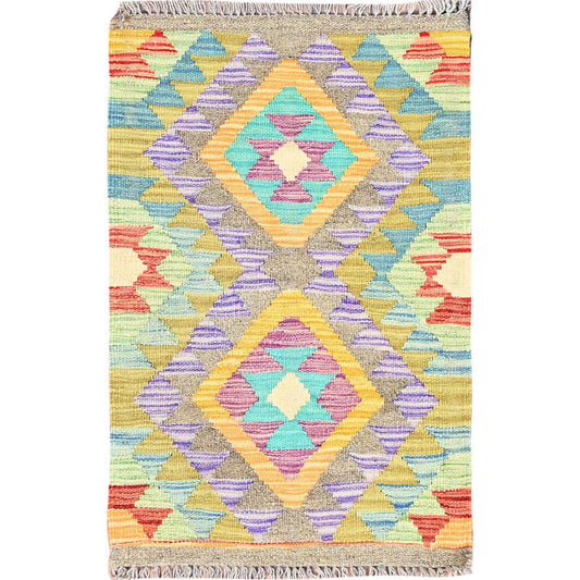 Flat Weave Wool Hand Woven Rug Green No Border 1.10X3.0 -O085745