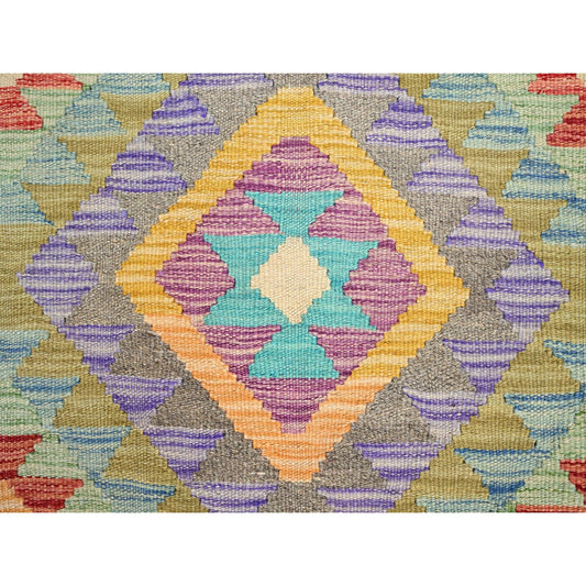Flat Weave Wool Hand Woven Rug Green No Border 1.10X3.0 -O085745