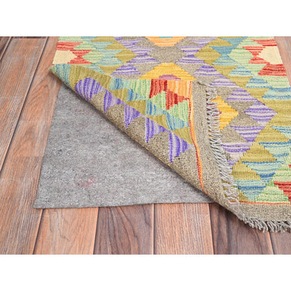 Flat Weave Wool Hand Woven Rug Green No Border 1.10X3.0 -O085745