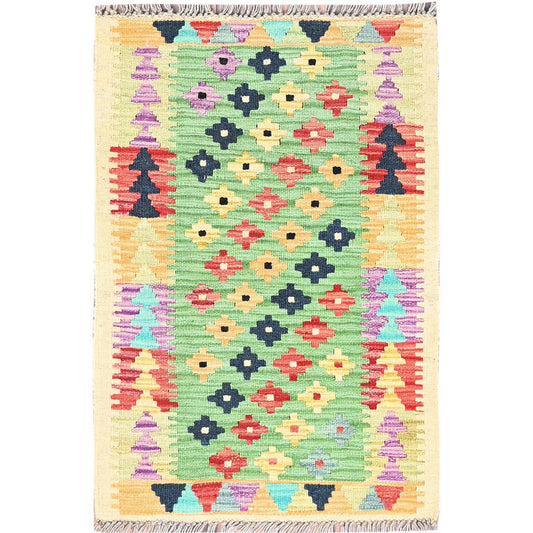 Flat Weave Wool Hand Woven Rug Green No Border 2.0X3.0 -O085749