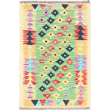 Flat Weave Wool Hand Woven Rug Green No Border 2.0X3.0 -O085749