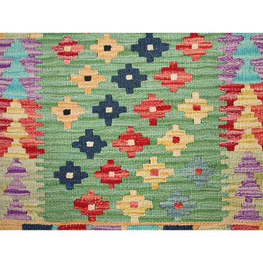 Flat Weave Wool Hand Woven Rug Green No Border 2.0X3.0 -O085749