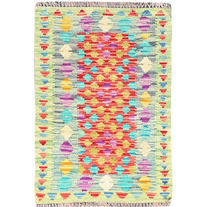 Flat Weave Wool Hand Woven Rug Red Blue 2.0X2.10 -O085752