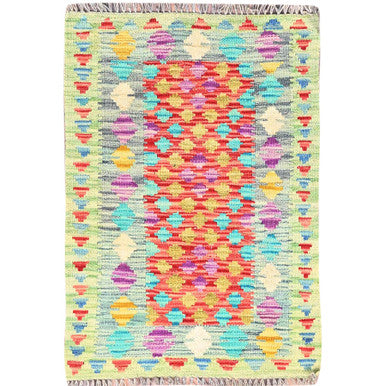 Flat Weave Wool Hand Woven Rug Red Blue 2.0X2.10 -O085752
