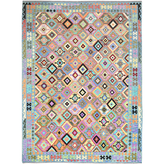 Flat Weave Wool Hand Woven Rug Blue No Border 10.2X13.9 -O085753