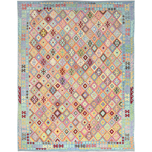 Flat Weave Wool Hand Woven Rug Blue No Border 10.7X14.0 -O085755