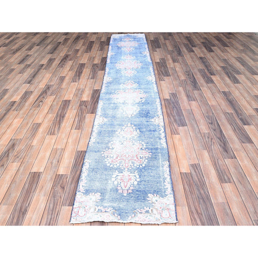 Overdyed & Vintage Wool Hand Knotted Rug Blue No Border 2.1X12.0 -O085778