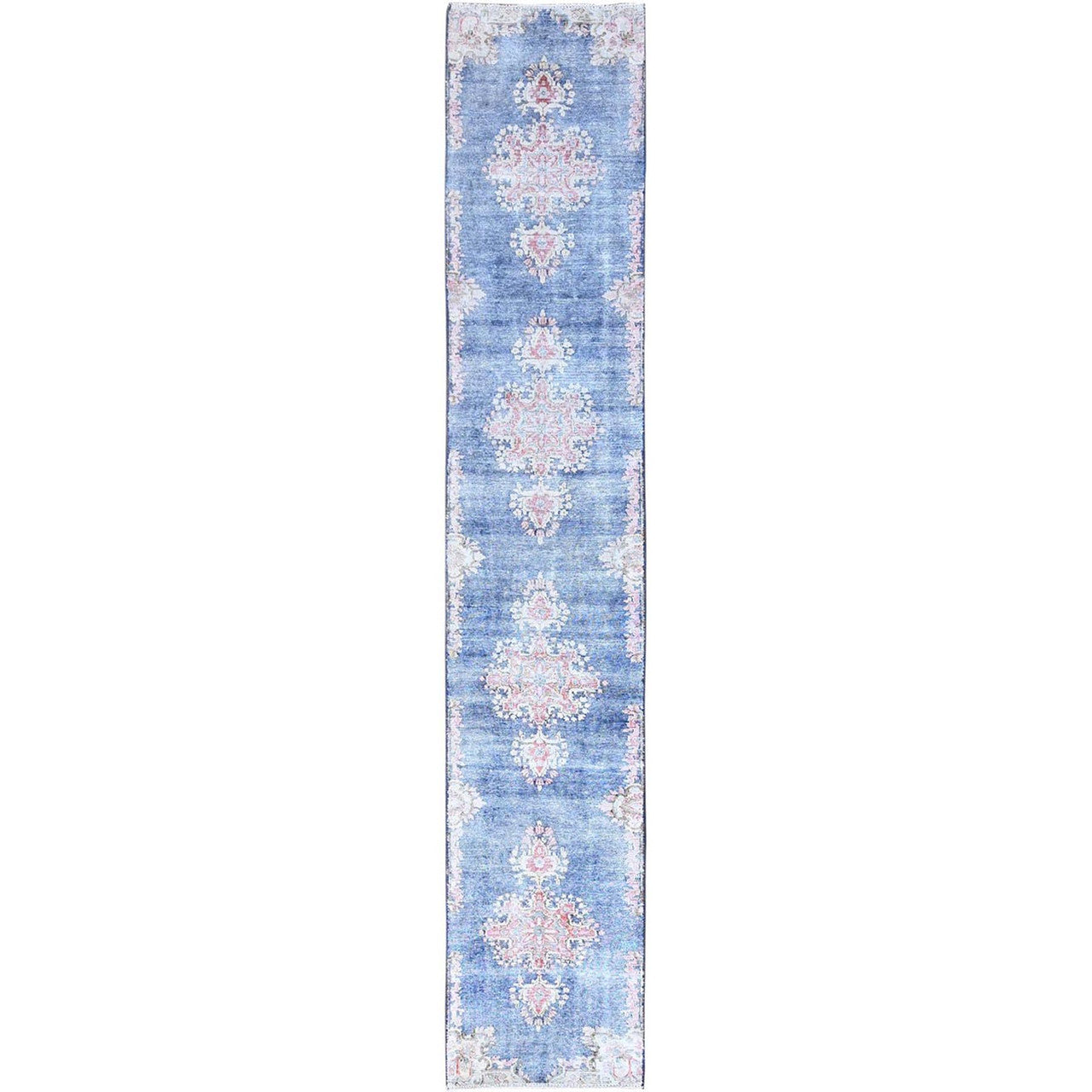 Blue 2'1" x 11'9" Overdyed & Vintage Hand knotted Wool Rug - Sku: O085779