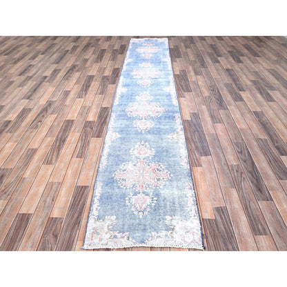 Overdyed & Vintage Wool Hand Knotted Rug Blue No Border 2.1X11.9 -O085779