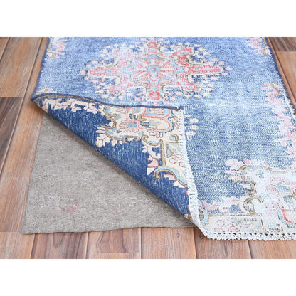 Overdyed & Vintage Wool Hand Knotted Rug Blue No Border 2.1X11.9 -O085779