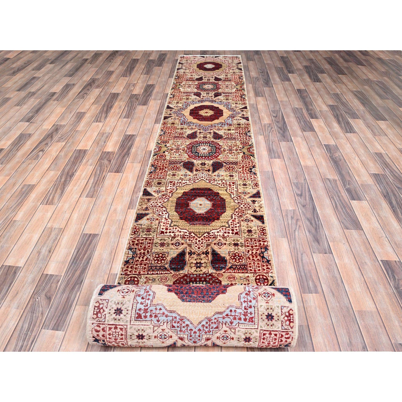 Ivory 2'3" x 24'8" Mamluk Hand knotted Wool Rug - Sku: O085843