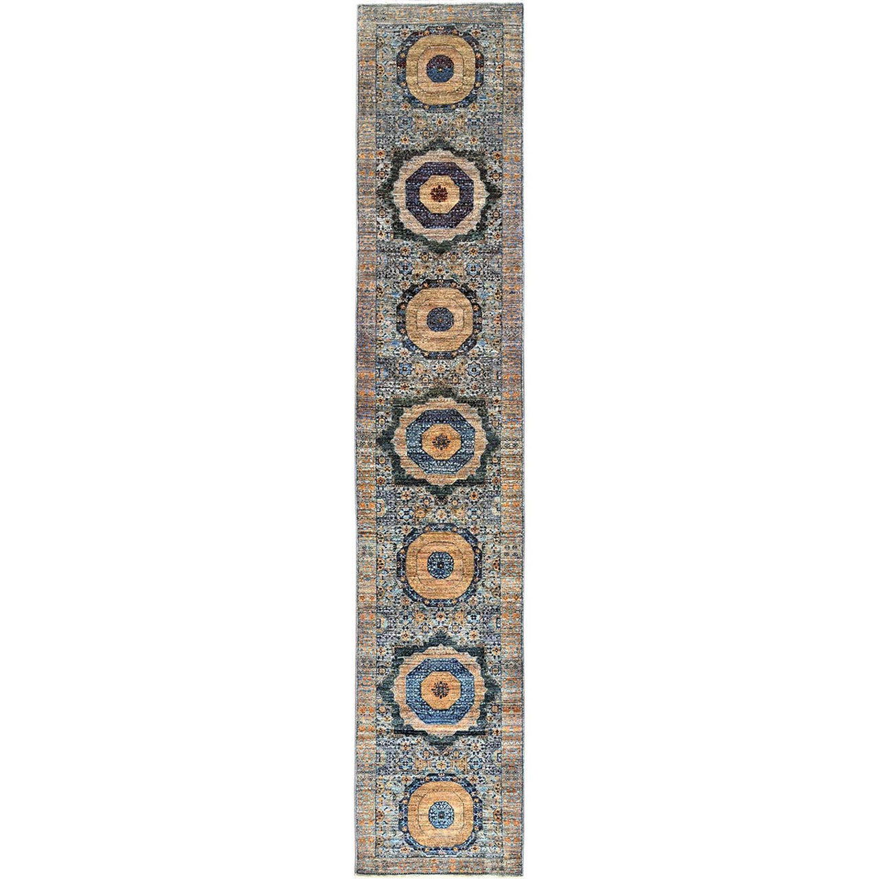 Blue 2'6" x 13'9" Mamluk Hand knotted Wool Rug - Sku: O085849