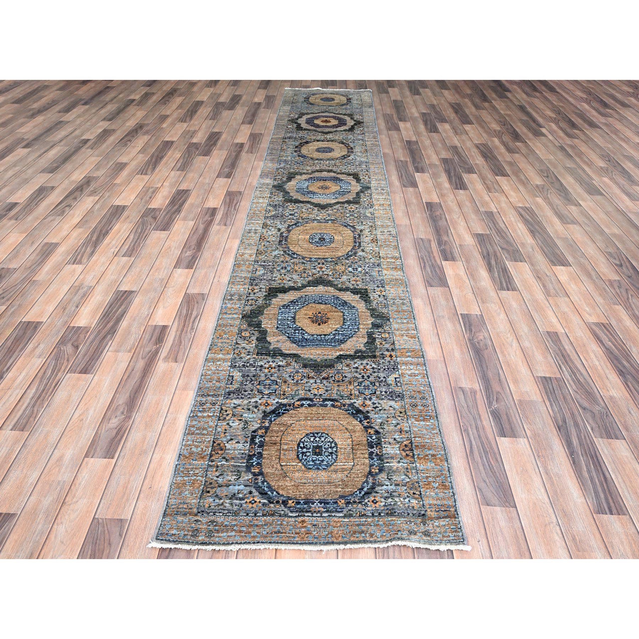 Blue 2'6" x 13'9" Mamluk Hand knotted Wool Rug - Sku: O085849