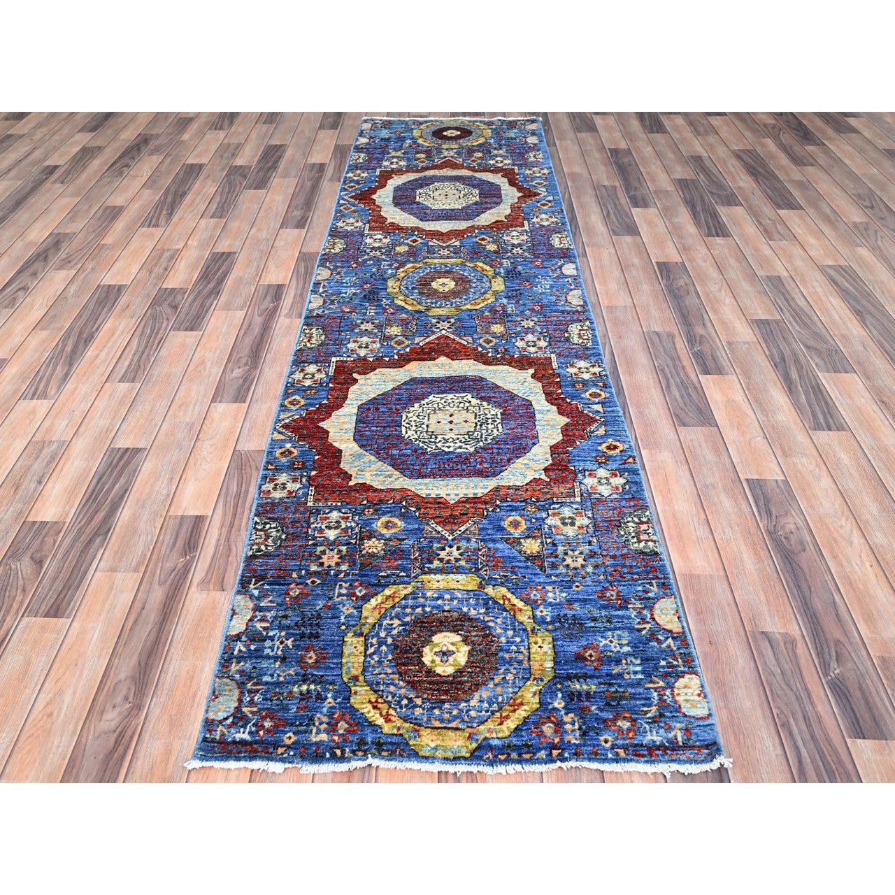Blue 2'8" x 9'10" Mamluk Hand knotted Wool Rug - Sku: O085851