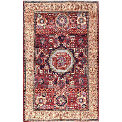 Mamluk Wool Hand Knotted Rug Red Cream Color 5.9X9.7 -O085882