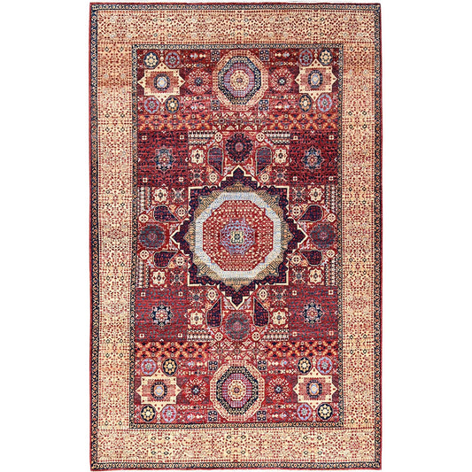 Mamluk Wool Hand Knotted Rug Red Cream Color 5.9X9.7 -O085882