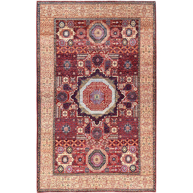Mamluk Wool Hand Knotted Rug Red Cream Color 5.9X9.7 -O085882