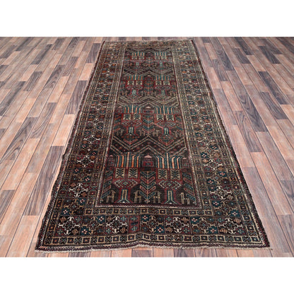 Overdyed & Vintage Wool Hand Knotted Rug Brown Brown 3.7X9.0 -O085946