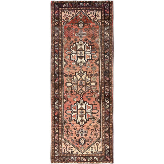 Overdyed & Vintage Wool Hand Knotted Rug Red Brown 3.7X9.6 -O085956