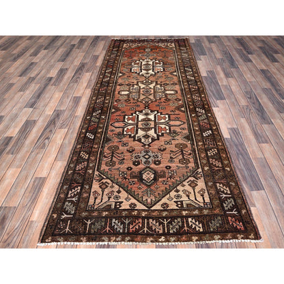 Overdyed & Vintage Wool Hand Knotted Rug Red Brown 3.7X9.6 -O085956
