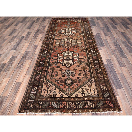Overdyed & Vintage Wool Hand Knotted Rug Red Brown 3.7X9.6 -O085956