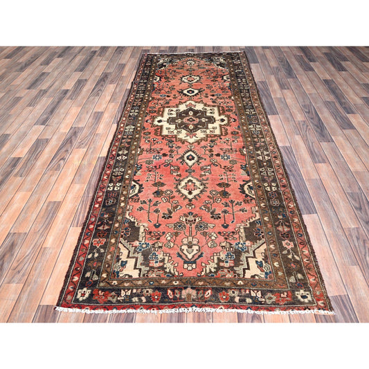 Overdyed & Vintage Wool Hand Knotted Rug Pink Black 3.7X9.2 -O085970