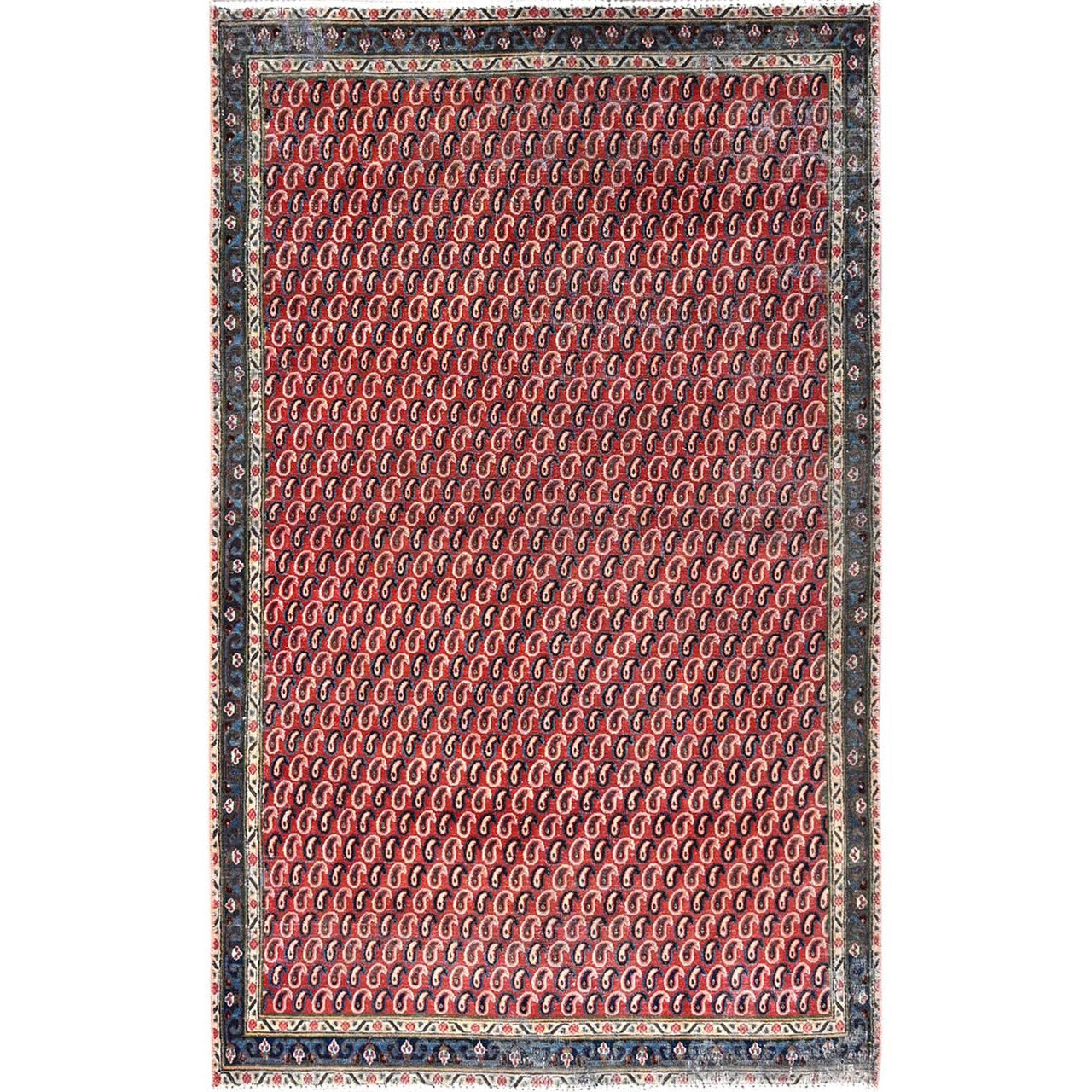 Overdyed & Vintage Wool Hand Knotted Rug Red Blue 4.1X6.7 -O085976