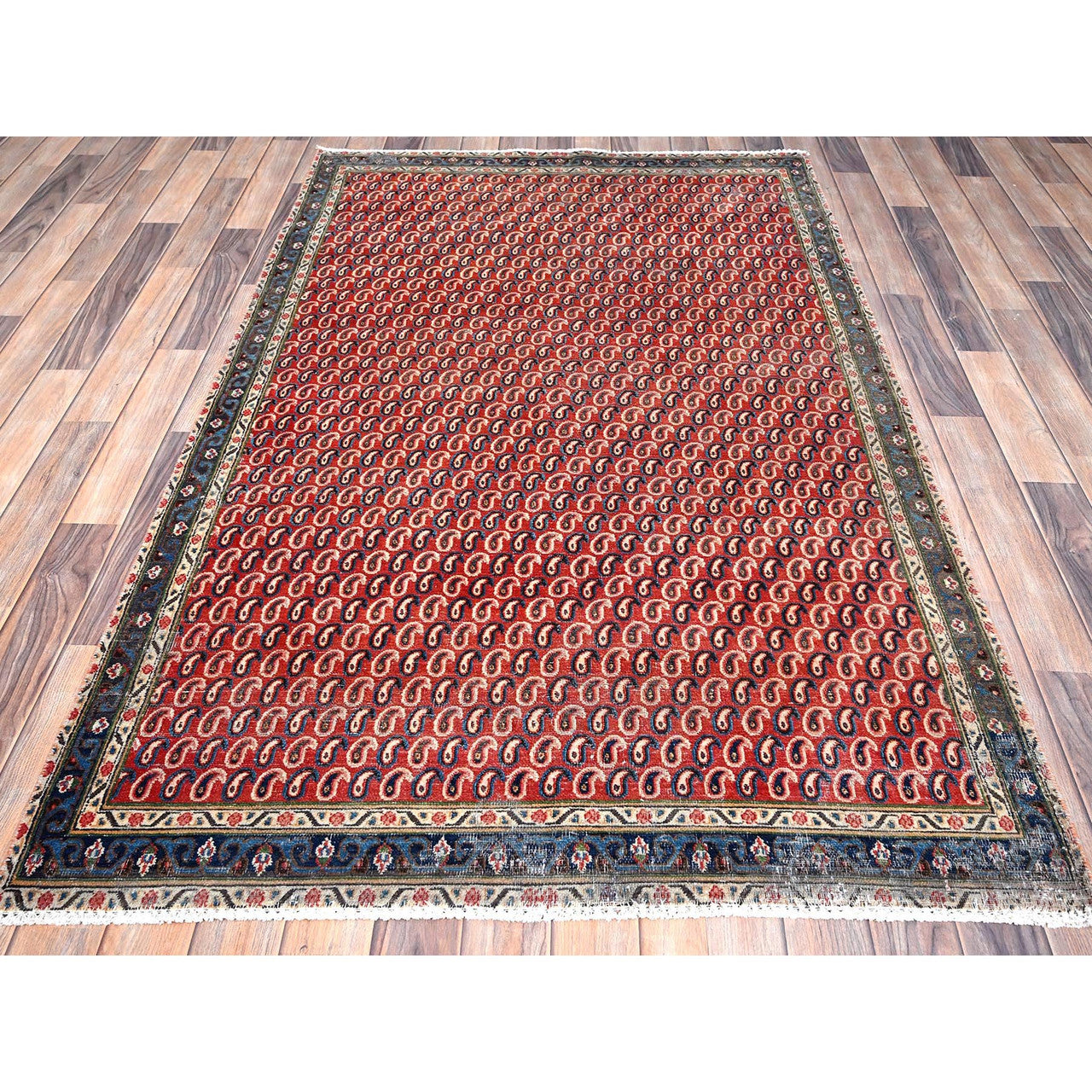 Overdyed & Vintage Wool Hand Knotted Rug Red Blue 4.1X6.7 -O085976