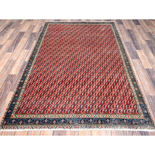 Overdyed & Vintage Wool Hand Knotted Rug Red Blue 4.1X6.7 -O085976