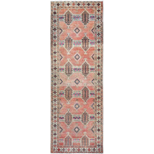 Overdyed & Vintage Wool Hand Knotted Rug Brown Ivory 3.6X10.0 -O085978