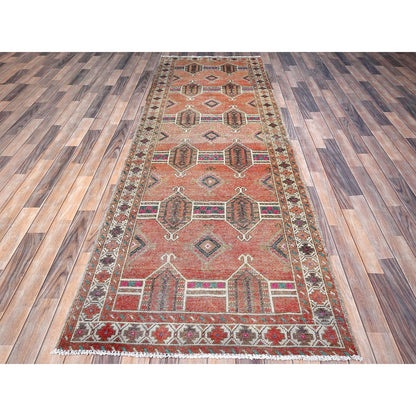 Overdyed & Vintage Wool Hand Knotted Rug Brown Ivory 3.6X10.0 -O085978