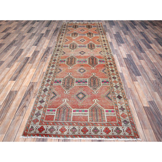 Overdyed & Vintage Wool Hand Knotted Rug Brown Ivory 3.6X10.0 -O085978